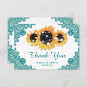 Blauwgroen Rustic Chic Lace Sunflower Wedding Bedankkaart (Voorkant / Achterkant)