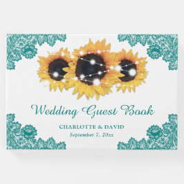 Blauwgroen Rustic Chic Lace Sunflower Wedding Gastenboek