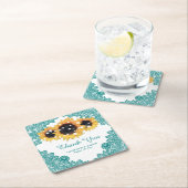 Blauwgroen Rustic Chic Lace Sunflower Wedding Kartonnen Onderzetters (Insitu)