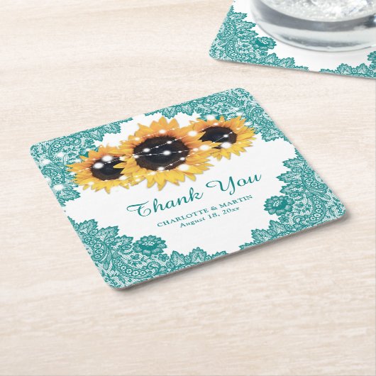 Blauwgroen Rustic Chic Lace Sunflower Wedding Kartonnen Onderzetters (Schuin)