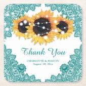 Blauwgroen Rustic Chic Lace Sunflower Wedding Kartonnen Onderzetters (Voorkant)