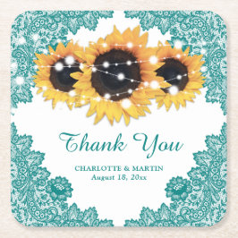 Blauwgroen Rustic Chic Lace Sunflower Wedding Kartonnen Onderzetters
