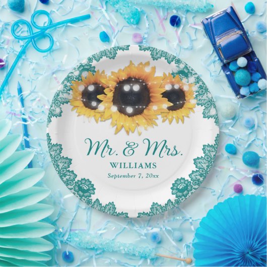 Blauwgroen Rustic Chic Lace Sunflower Wedding Papieren Bordje (Feest)
