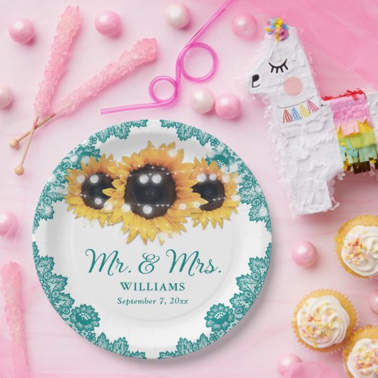 Blauwgroen Rustic Chic Lace Sunflower Wedding Papieren Bordje (Feest)