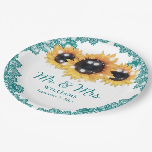 Blauwgroen Rustic Chic Lace Sunflower Wedding Papieren Bordje (Gekanteld)