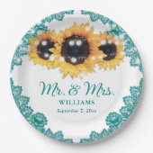 Blauwgroen Rustic Chic Lace Sunflower Wedding Papieren Bordje (Voorkant)