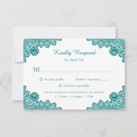 Blauwgroen Rustic Chic Lace Sunflower Wedding RSVP Kaartje (Achterkant)