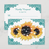 Blauwgroen Rustic Chic Lace Sunflower Wedding RSVP Kaartje (Voorkant / Achterkant)
