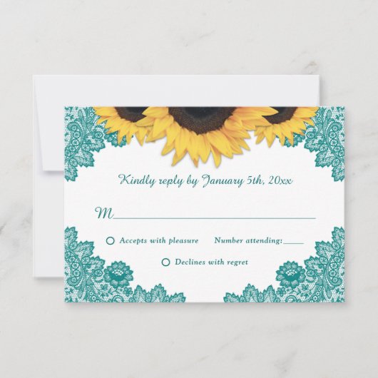 Blauwgroen Rustic Chic Lace Sunflower Wedding RSVP Kaartje (Voorkant)