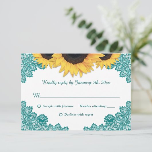 Blauwgroen Rustic Chic Lace Sunflower Wedding RSVP Kaartje (Staand voorkant)