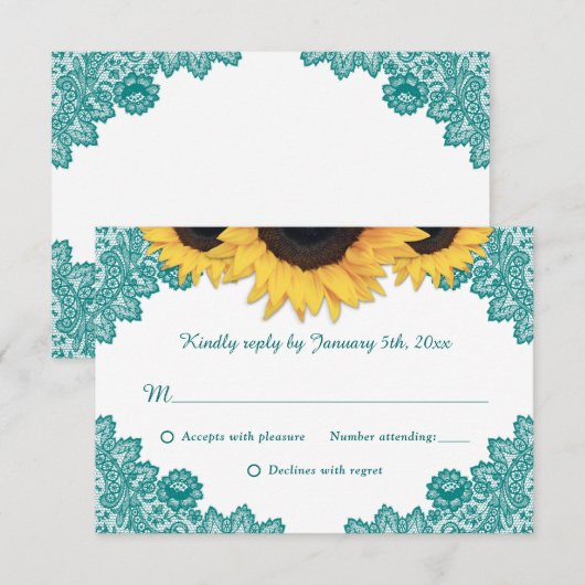 Blauwgroen Rustic Chic Lace Sunflower Wedding RSVP Kaartje (Voorkant / Achterkant)