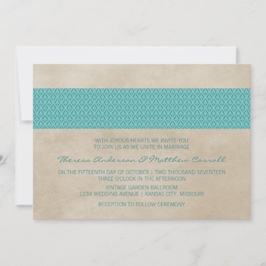 Blauwgroen Rustic Damask Wedding Invite Kaart (Voorkant)
