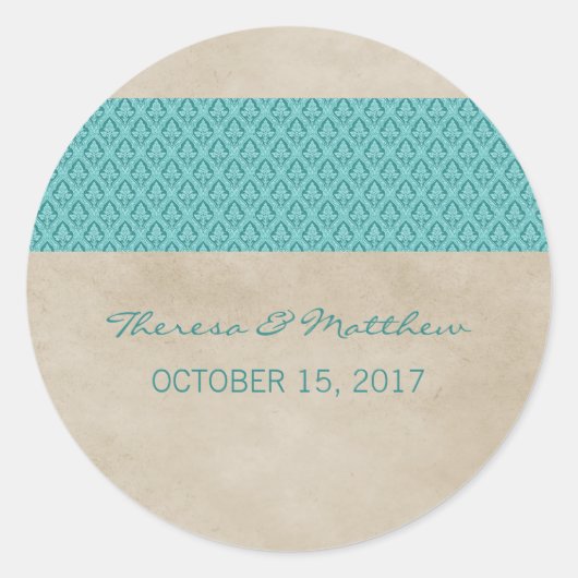 Blauwgroen Rustic Damask Wedding Stickers (Voorkant)