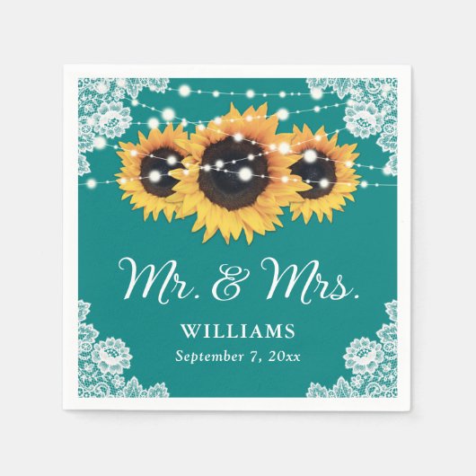 Blauwgroen Rustic Lace Sunflower Mr en Mrs Wedding Servet (Voorkant)
