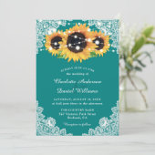 Blauwgroen Rustic Lace Sunflower Wedding Kaart (Staand voorkant)