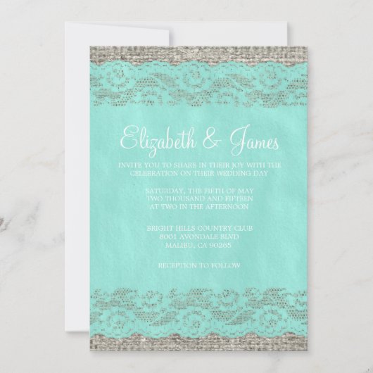 Blauwgroen Rustic Lace Wedding Invitations Kaart (Voorkant)