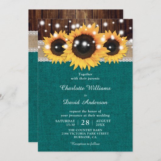 Blauwgroen Rustic Sunflower Wedding Kaart (Voorkant / Achterkant)
