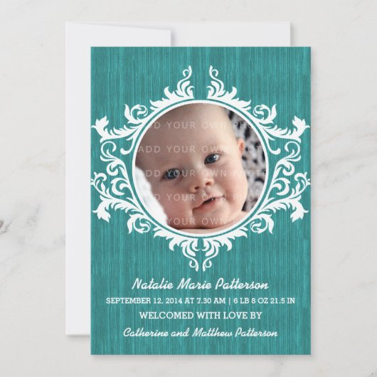 Blauwgroen Rustic Swirls Baby Aankondiging (Voorkant)