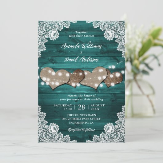 Blauwgroen Rustic Wood Burlap Hearts Borg Kaart (Staand voorkant)