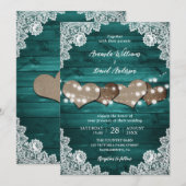 Blauwgroen Rustic Wood Burlap Hearts Borg Kaart (Voorkant / Achterkant)