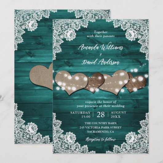 Blauwgroen Rustic Wood Burlap Hearts Borg Kaart (Voorkant / Achterkant)