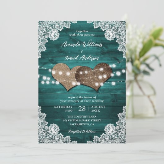 Blauwgroen Rustic Wood Burlap Lace String Lights W Kaart (Staand voorkant)