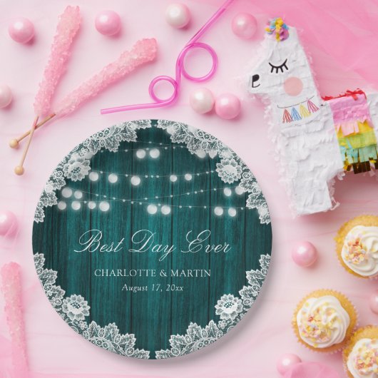 Blauwgroen Rustic Wood Lace String Lights Wedding Papieren Bordje (Feest)