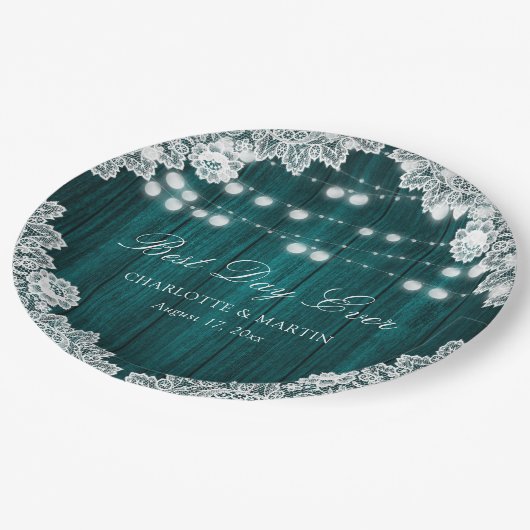 Blauwgroen Rustic Wood Lace String Lights Wedding Papieren Bordje (Gekanteld)