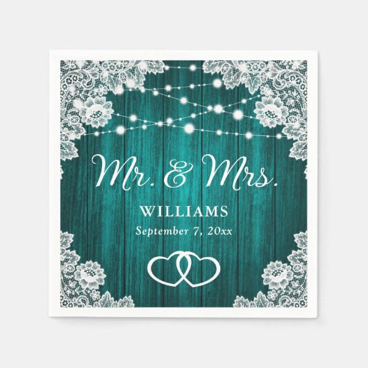 Blauwgroen Rustic Wood Lace String Lights Wedding Servet (Voorkant)