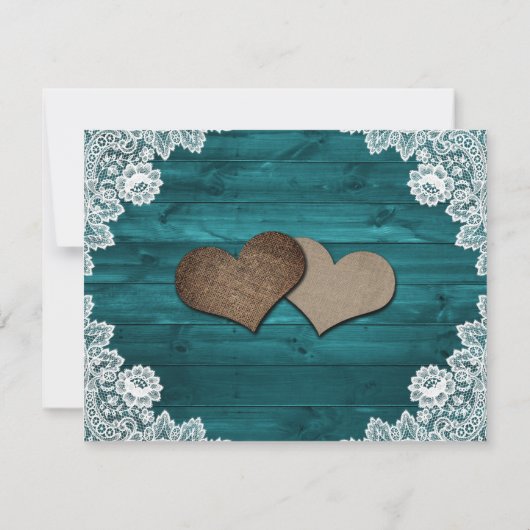 Blauwgroen Rustic Wood Lace Sunflower Wedding Aankondiging (Achterkant)
