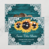 Blauwgroen Rustic Wood Lace Sunflower Wedding Aankondiging (Voorkant / Achterkant)