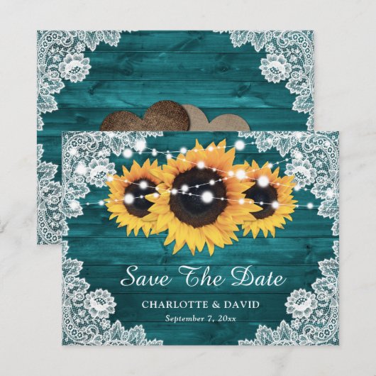 Blauwgroen Rustic Wood Lace Sunflower Wedding Aankondiging (Voorkant / Achterkant)