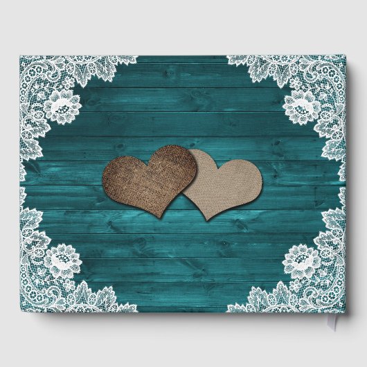 Blauwgroen Rustic Wood Lace Sunflower Wedding Gastenboek (Achterkant)