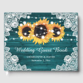 Blauwgroen Rustic Wood Lace Sunflower Wedding Gastenboek (Voorkant)