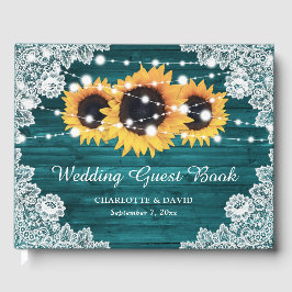 Blauwgroen Rustic Wood Lace Sunflower Wedding Gastenboek