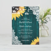 Blauwgroen Rustic Wood Lace Sunflower Wedding Kaart (Staand voorkant)