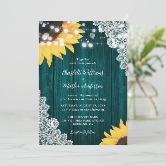 Blauwgroen Rustic Wood Lace Sunflower Wedding Kaart (Staand voorkant)