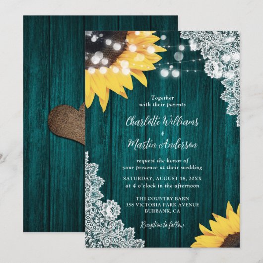 Blauwgroen Rustic Wood Lace Sunflower Wedding Kaart (Voorkant / Achterkant)