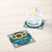 Blauwgroen Rustic Wood Lace Sunflower Wedding Kartonnen Onderzetters (Insitu)
