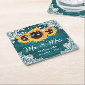 Blauwgroen Rustic Wood Lace Sunflower Wedding Kartonnen Onderzetters (Schuin)