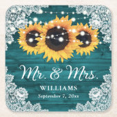 Blauwgroen Rustic Wood Lace Sunflower Wedding Kartonnen Onderzetters (Voorkant)
