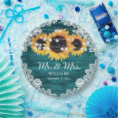 Blauwgroen Rustic Wood Lace Sunflower Wedding Papieren Bordje (Feest)