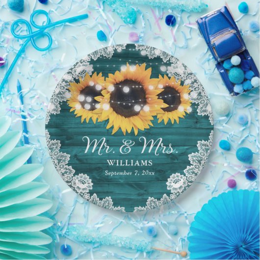 Blauwgroen Rustic Wood Lace Sunflower Wedding Papieren Bordje (Feest)