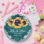 Blauwgroen Rustic Wood Lace Sunflower Wedding Papieren Bordje (Feest)