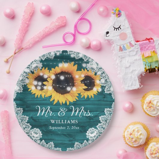 Blauwgroen Rustic Wood Lace Sunflower Wedding Papieren Bordje (Feest)