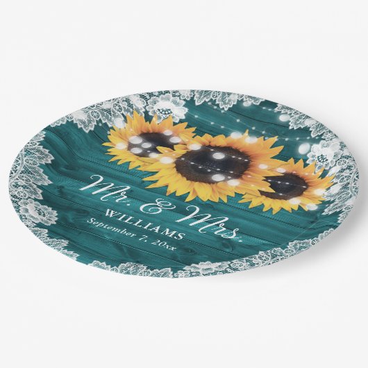 Blauwgroen Rustic Wood Lace Sunflower Wedding Papieren Bordje (Gekanteld)