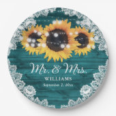 Blauwgroen Rustic Wood Lace Sunflower Wedding Papieren Bordje (Voorkant)