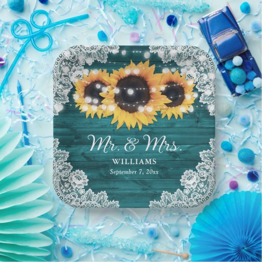 Blauwgroen Rustic Wood Lace Sunflower Wedding Papieren Bordje (Feest)