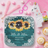 Blauwgroen Rustic Wood Lace Sunflower Wedding Papieren Bordje (Feest)