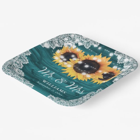 Blauwgroen Rustic Wood Lace Sunflower Wedding Papieren Bordje (Gebogen)
